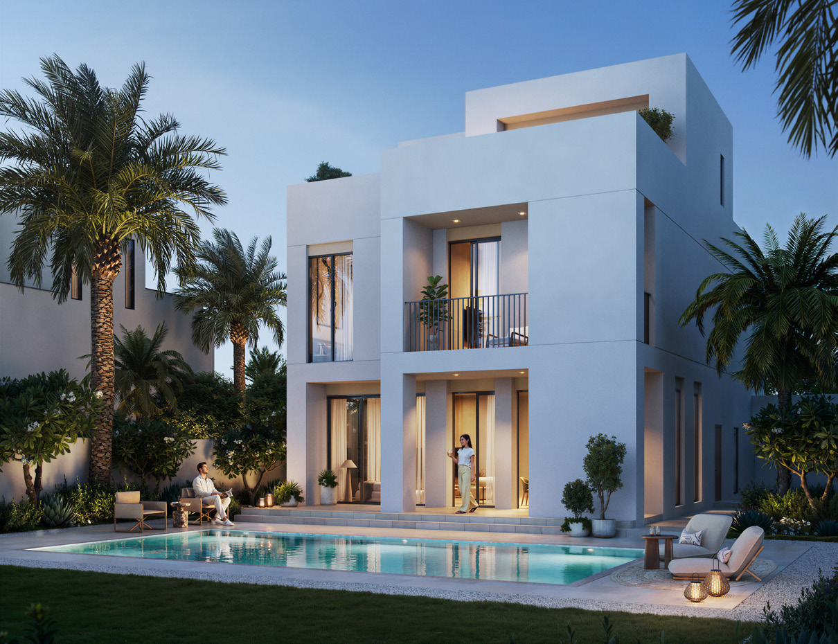 Salva villa garden with private pool and loungers at twilight