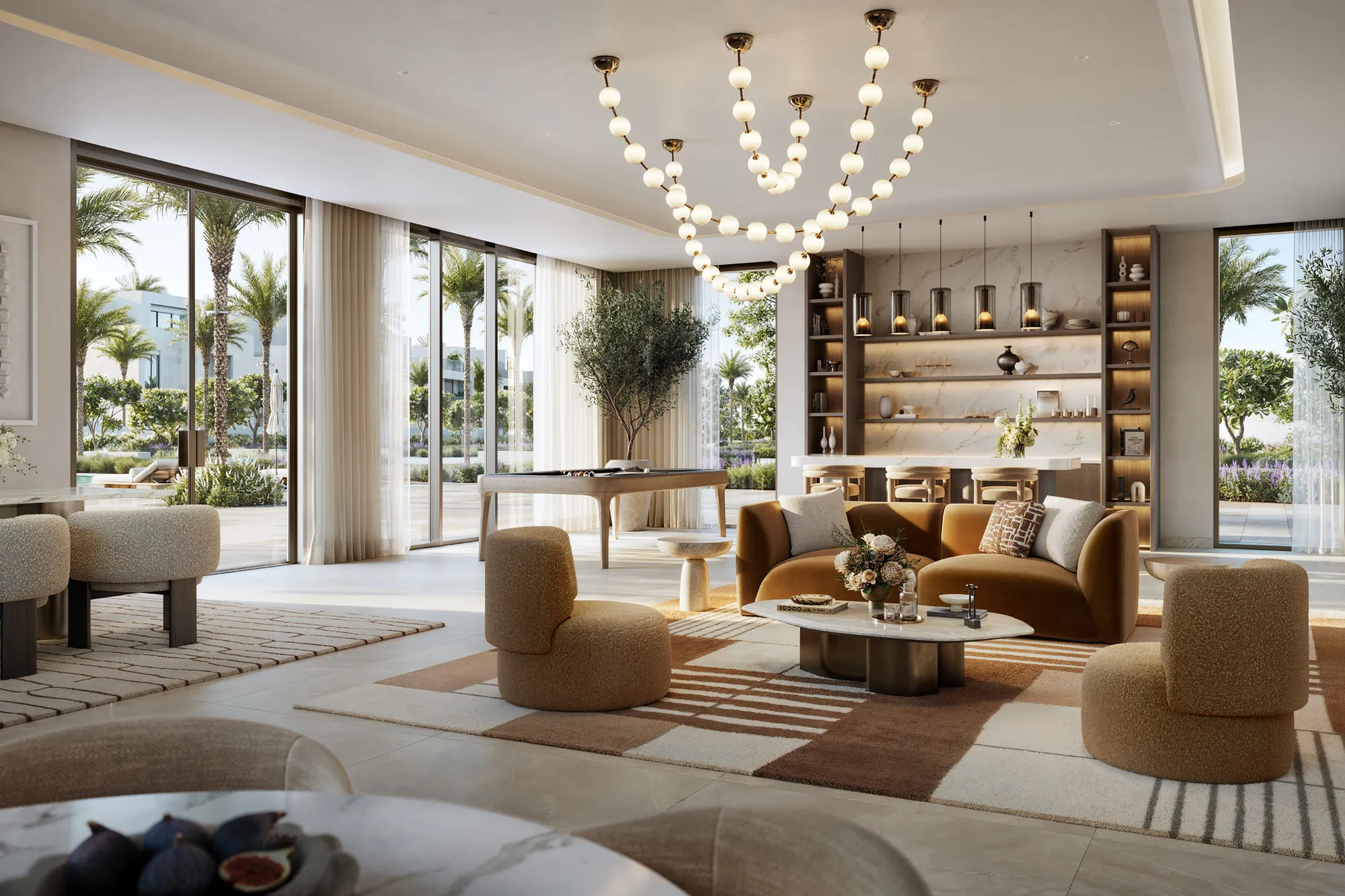 Lounge with pearl chandelier, velvet sofa and pool table