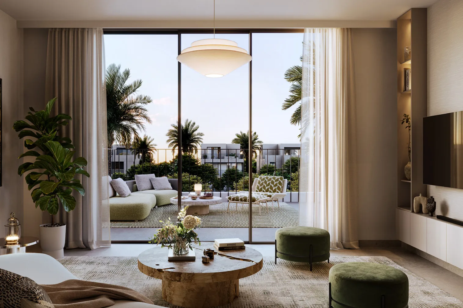 Sitting room opening onto a balcony with palm views